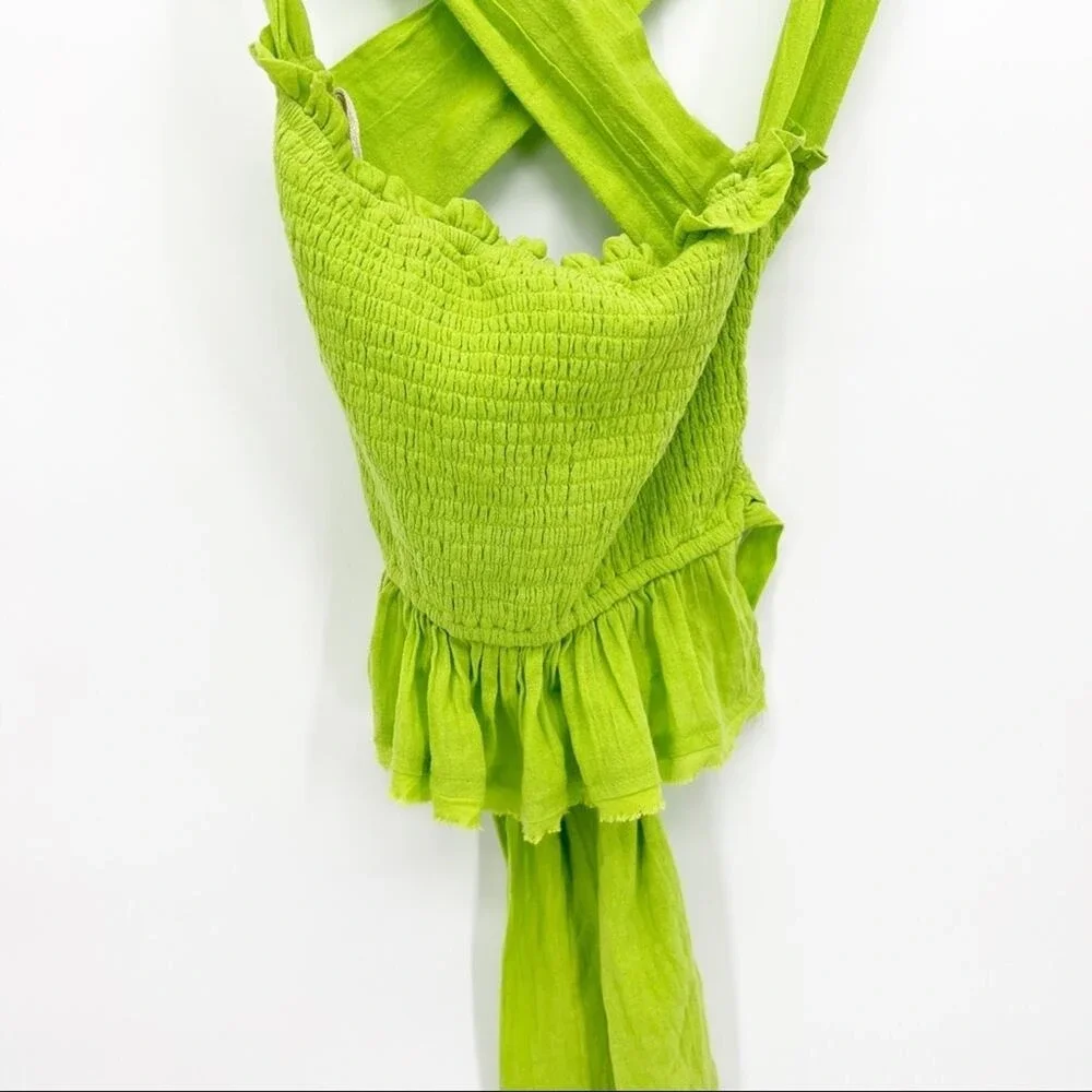 NEW Free People Women's Smocked Ruffle Tie Back Tank Top S Green